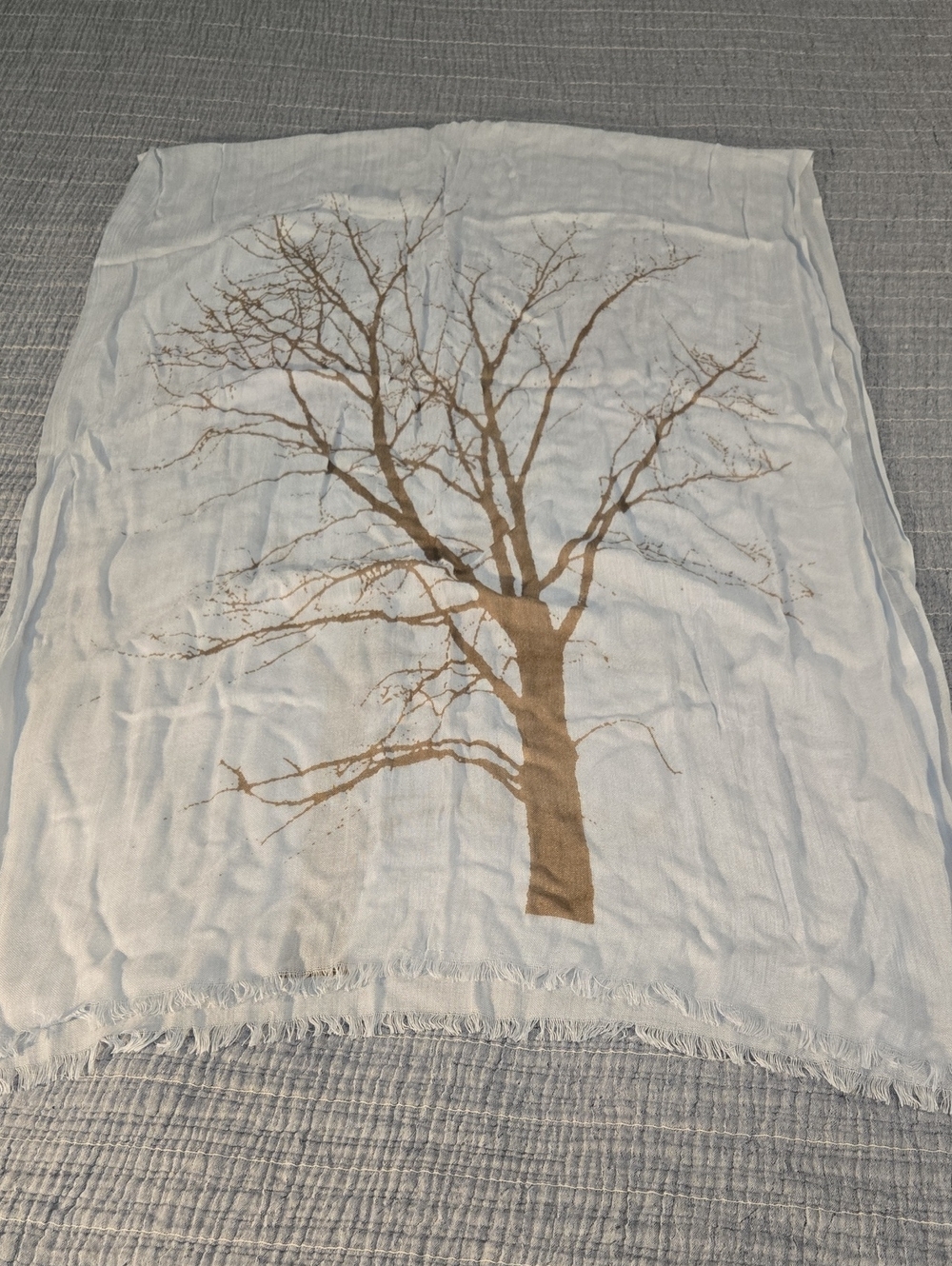 Vintage Pale Blue Scarf with Brown Tree Print